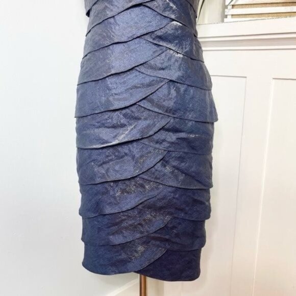 Adrianna Papell Blue Satin Shutter Pleat Tiered Layered Sheath Dress 4 - Picture 4 of 10